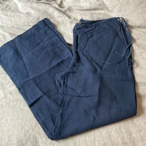 Max Mara Weekend 100% linen navy wide-leg pants with tie waist and side zipper